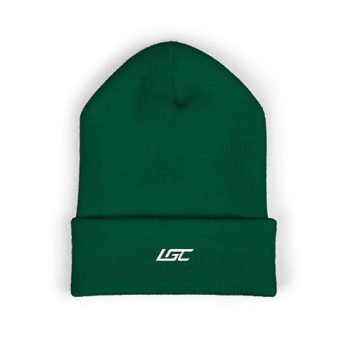Embroidered LGC Cuffed Beanie — Olive Knit Winter Hat