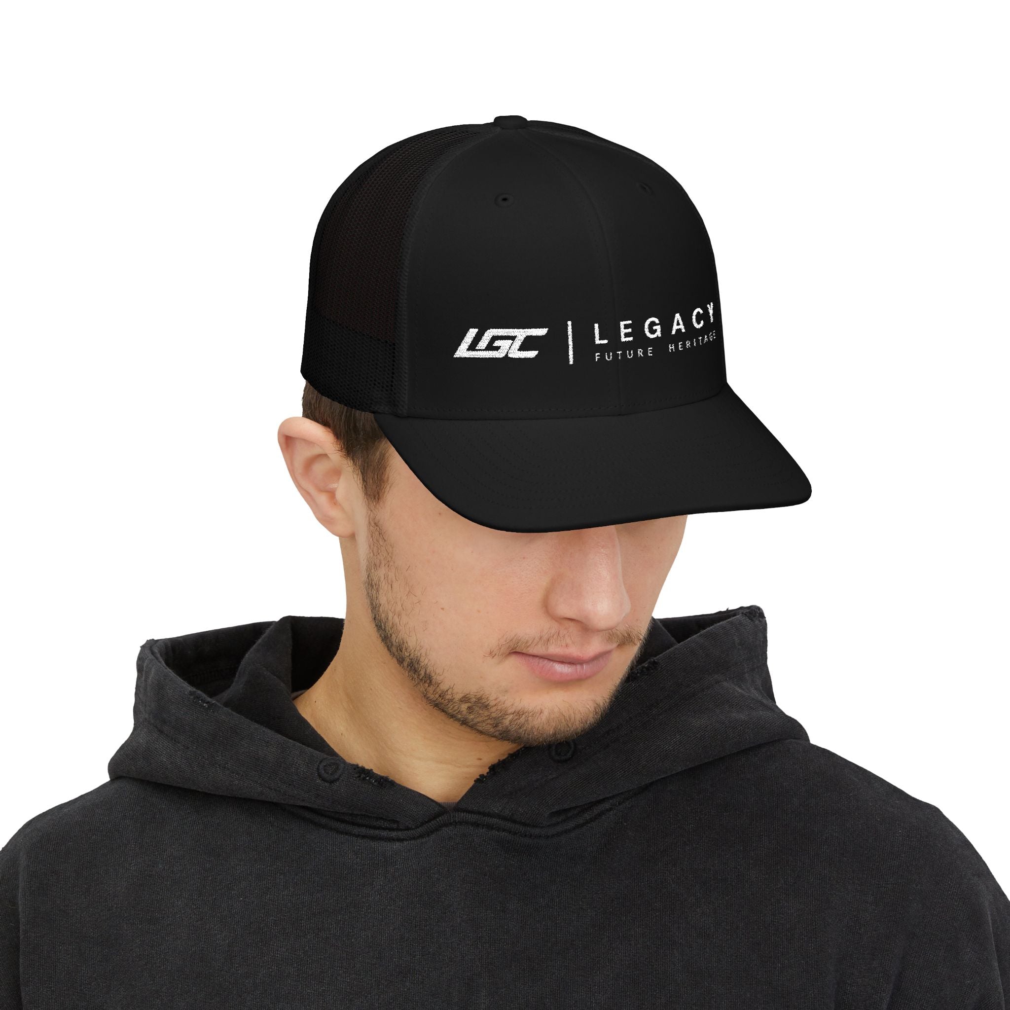 Legacy Snapback Trucker Cap – Black/White Embroidered Logo Mesh Hat