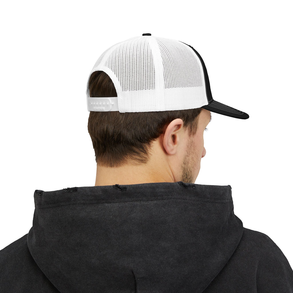 Legacy Snapback Trucker Cap – Black/White Embroidered Logo Mesh Hat