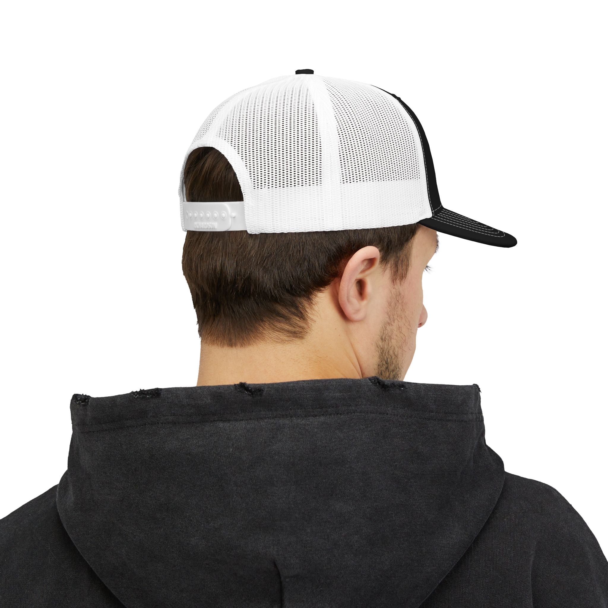 Legacy Snapback Trucker Cap – Black/White Embroidered Logo Mesh Hat