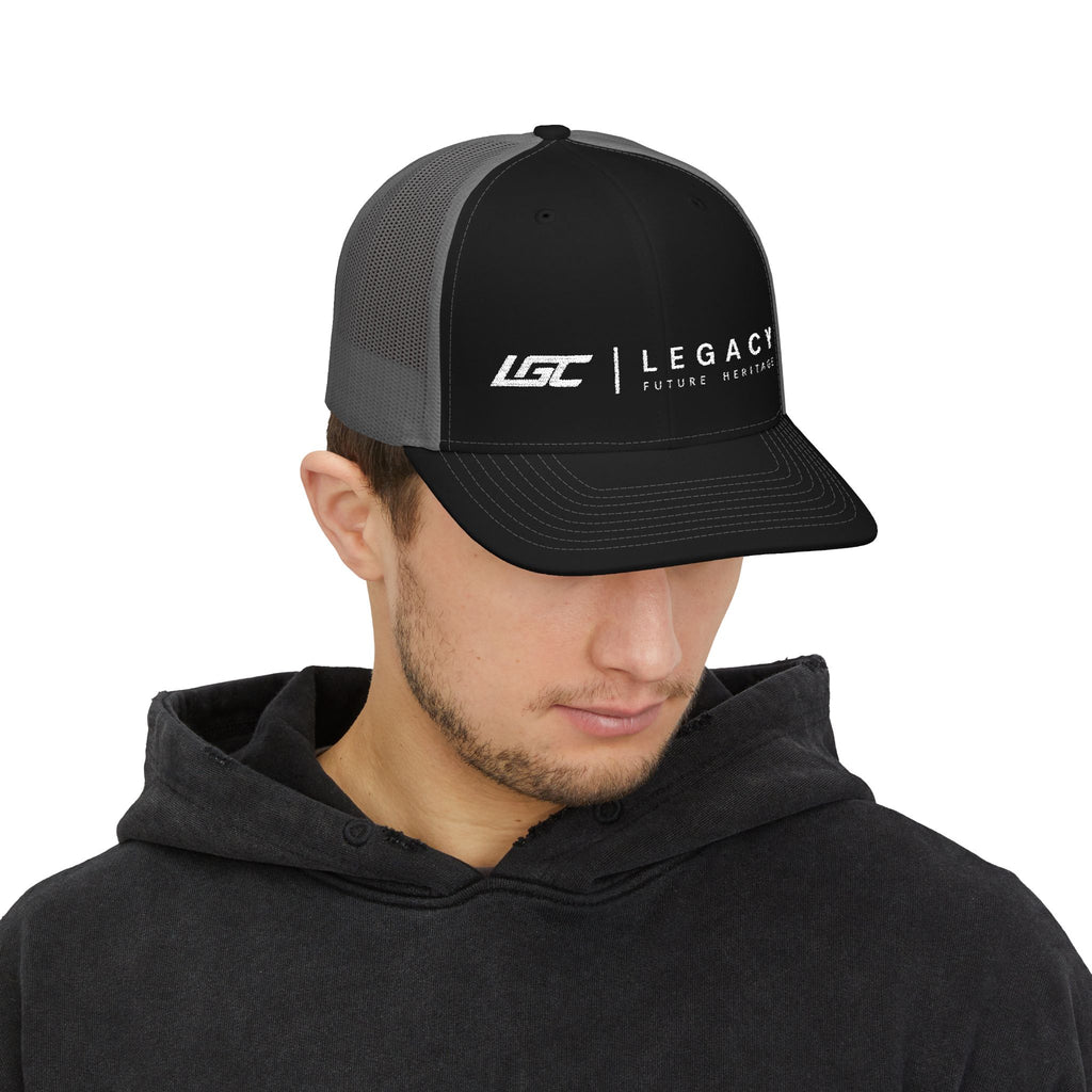 Legacy Snapback Trucker Cap – Black/White Embroidered Logo Mesh Hat