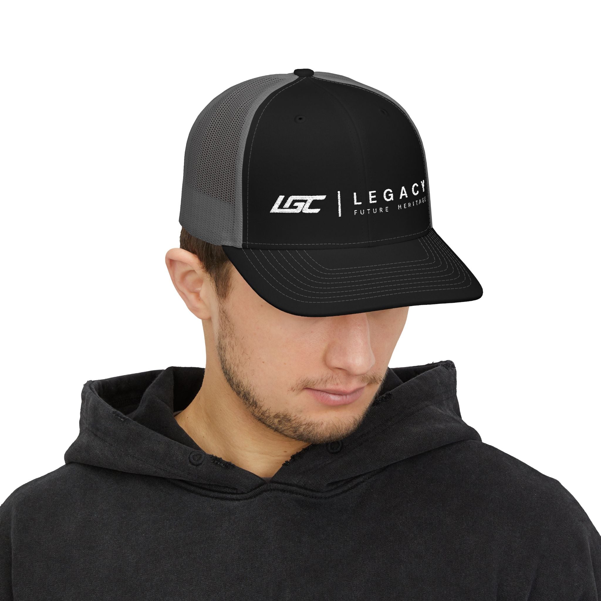 Legacy Snapback Trucker Cap – Black/White Embroidered Logo Mesh Hat