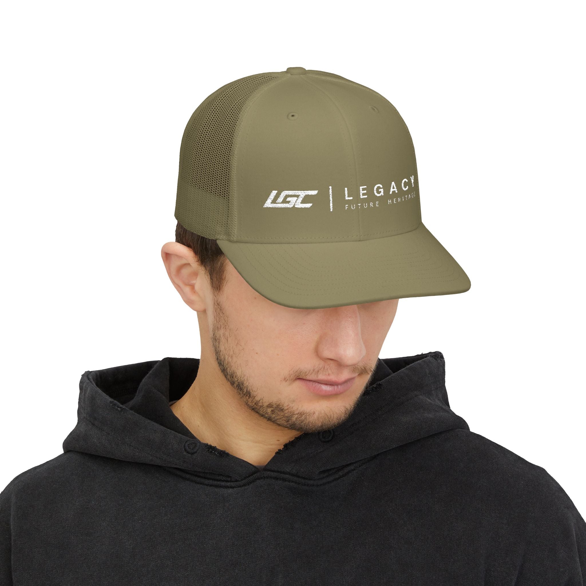 Legacy Snapback Trucker Cap – Black/White Embroidered Logo Mesh Hat
