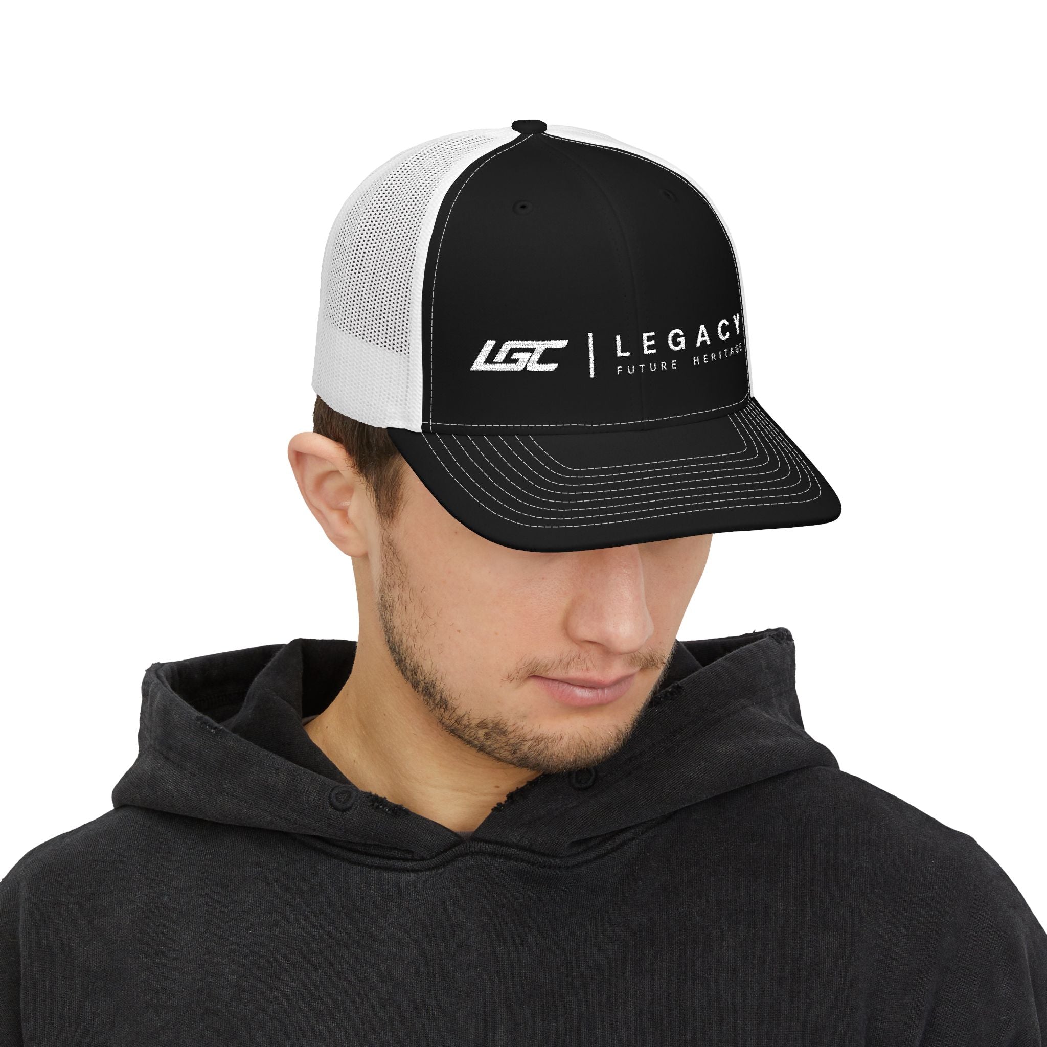 Legacy Snapback Trucker Cap – Black/White Embroidered Logo Mesh Hat